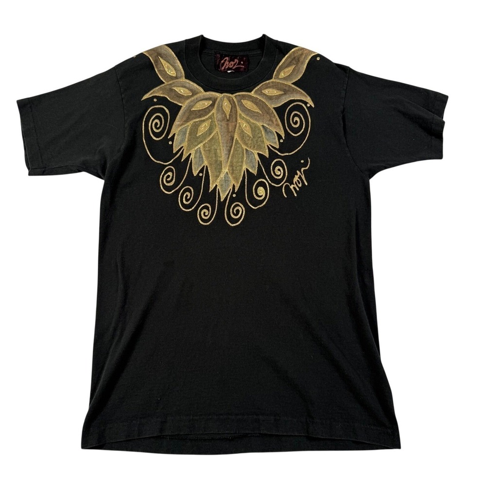 Mori Vintage 90s Black T-Shirt Gold Hand Painted Style Sequin Goth Medium
